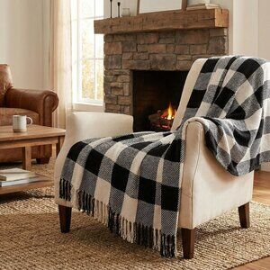 Black & Cream Buffalo Check Plaid Throw Blanket w/ Fringe | Cozy Couch Chair